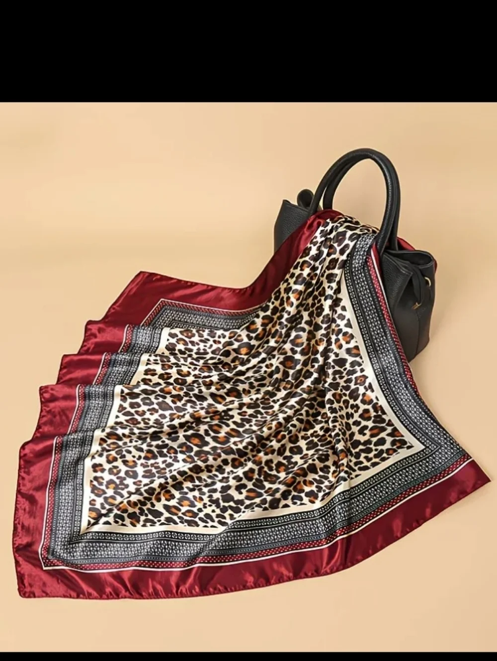 Leopard Satin Head Scarf with Deep Red Border